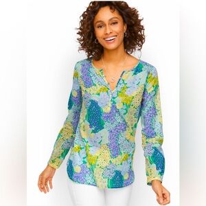 Floral Split-Neck Long-Sleeve Top in Green & Purple